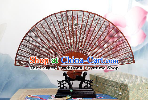 Chinese Classical Accordion Rosewood Carving Flower Fairy Fan Handmade Hollow Folding Fan
