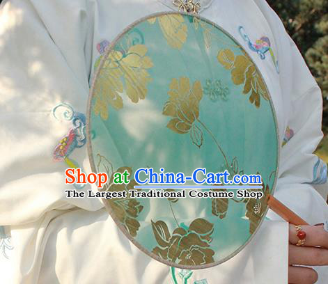 China Classical Dance Circular Fan Handmade Printing Peony Green Silk Fan Traditional Hanfu Fan