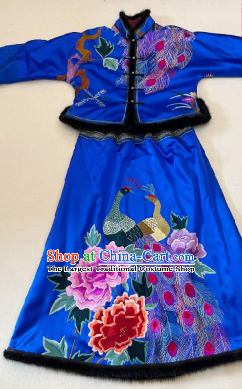 Chinese Traditional Tang Suit Costumes Hand Embroidery Peacock Peony Royalblue Cotton Wadded Jacket and Skirt Uniforms