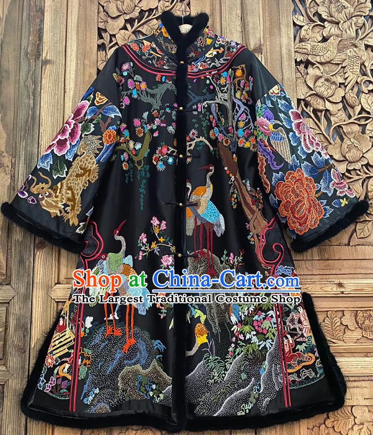 Chinese Traditional Winter Embroidered Clothing Embroidered Black Silk Cotton Wadded Coat