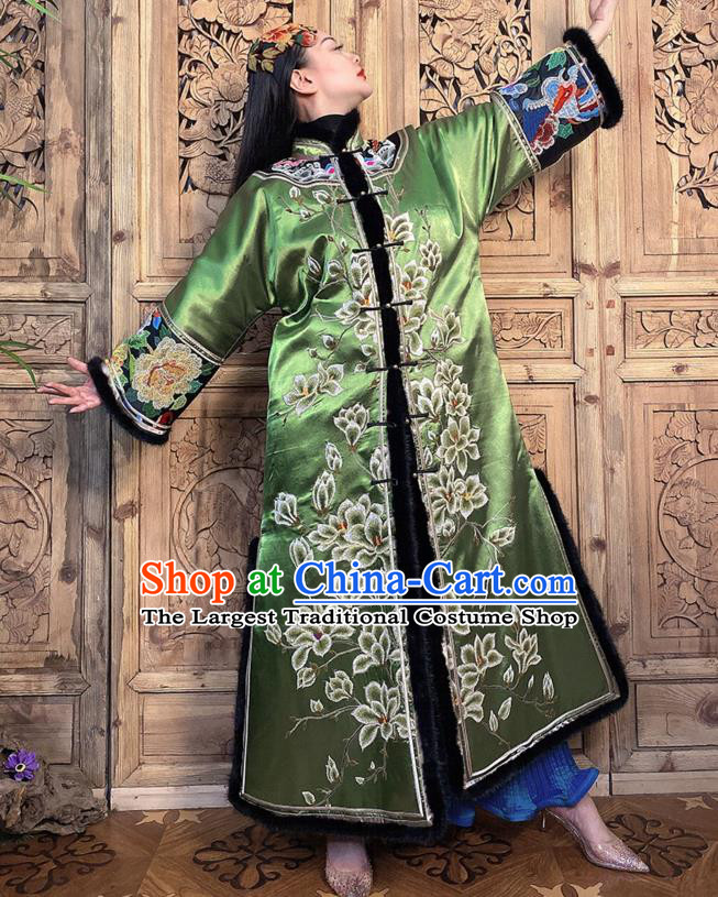 Chinese Green Silk Dust Coat Traditional National Clothing Women Winter Embroidered Mangnolia Outer Garment