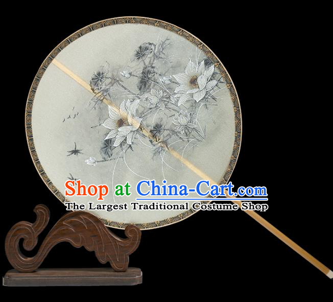 China Handmade Hanfu Circular Fan Traditional Palace Fan Classical Lotus Pattern Silk Fan