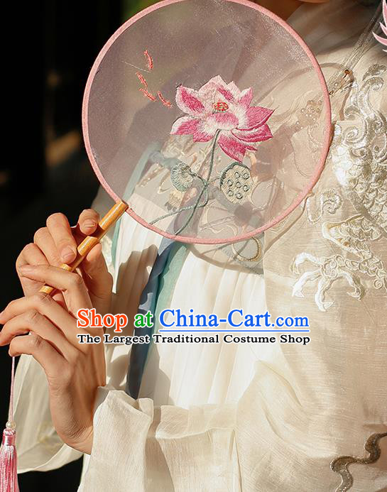 China Handmade Embroidered Lotus Palace Fan Classical Circular Silk Fan Traditional Hanfu Fan