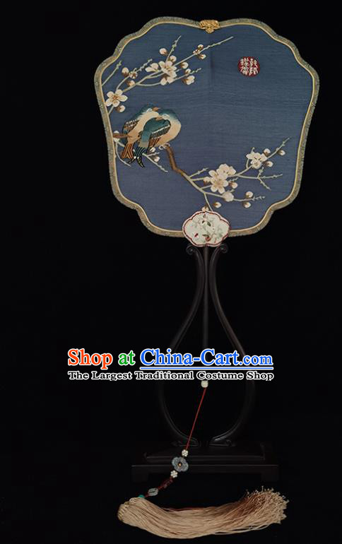 China Handmade Hanfu Fan Classical Palace Fan Traditional Qing Dynasty Court Blue Silk Fan