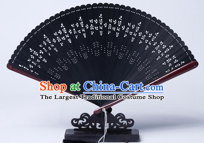 Chinese Classical Folding Fan Handmade Hollow Fan Traditional Black Bamboo Accordion