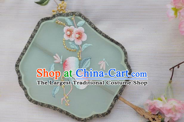 China Handmade Embroidered Peach Flowers Palace Fan Classical Green Silk Fan Traditional Song Dynasty Court Fan