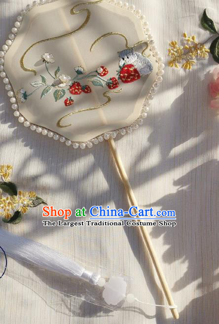China Traditional Hanfu Octagon Fan Handmade Embroidered Strawberry Palace Fan Classical White Silk Fan