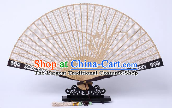 Chinese Hollow Sandalwood Accordion Handmade Ebony Fan Craft Classical Carving Orchids Folding Fan