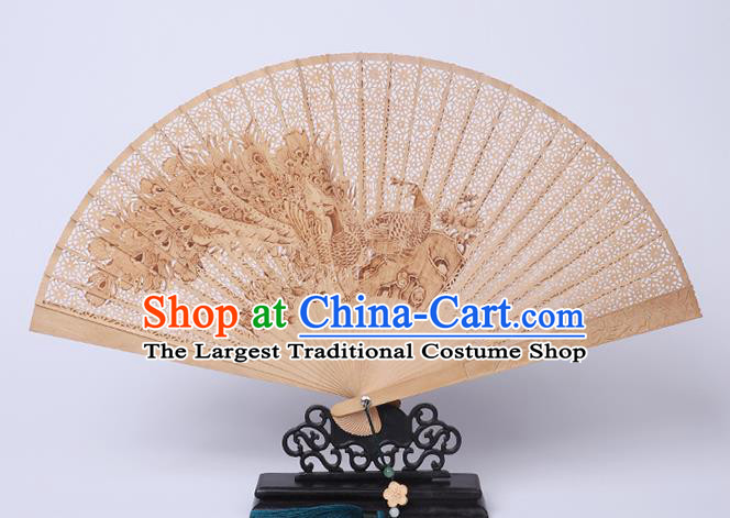 Chinese Classical Folding Fan Handmade Sandalwood Accordion Printing Peacock Fan Craft