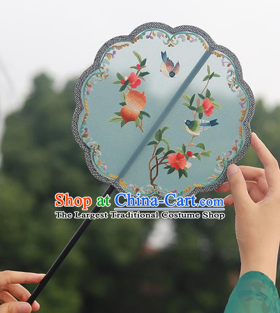 China Traditional Song Dynasty Wedding Fan Classical Blue Silk Fan Handmade Embroidered Palace Fan