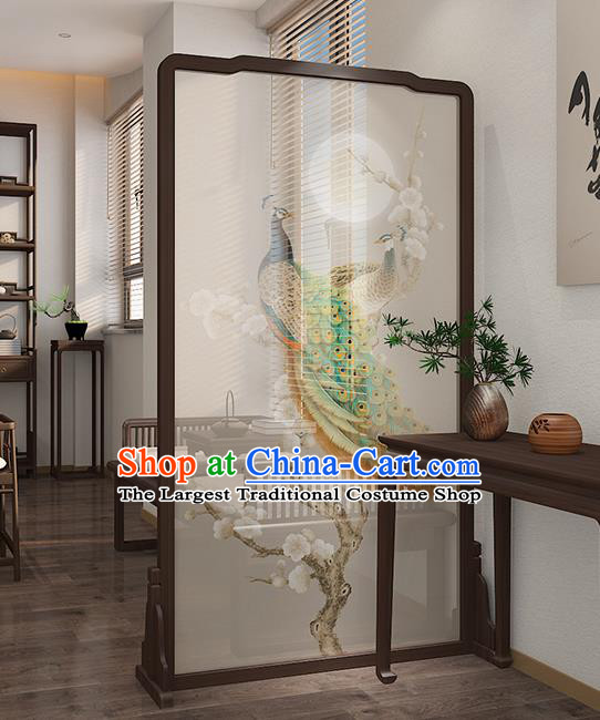 Chinese Handmade Wood Screen Printing Peacock Plum Folding Screen