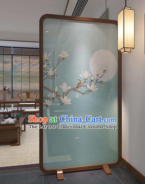 Chinese Printing Mangnolia Green Silk Folding Screen Handmade Wood Screen