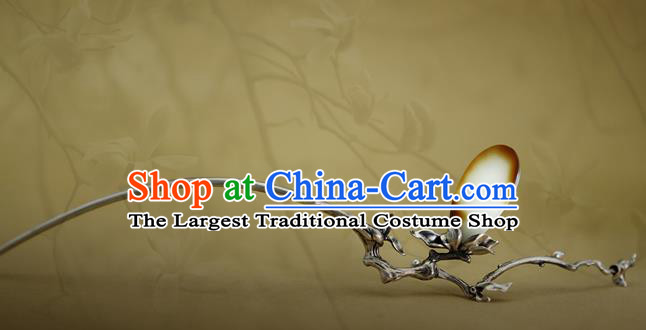 Chinese National Silver Mangnolia Hair Stick Traditional Cheongsam Hetian Jade Hairpin