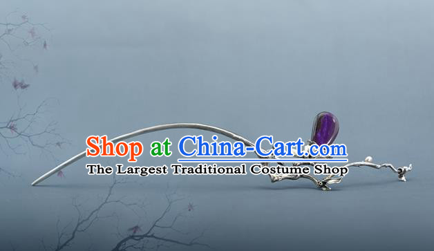 Chinese Traditional Hair Accessories National Silver Mangnolia Hair Stick Cheongsam Amethyst Hairpin