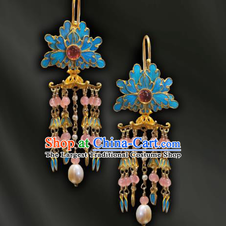 China Traditional Cheongsam Rose Quartz Tassel Earrings Handmade Qing Dynasty Empress Ear Accessories