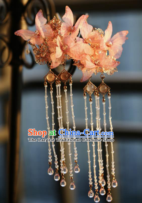 Chinese Ancient Princess Beads Tassel Hair Stick Traditional Hanfu Pink Silk Butterfly Hairpin
