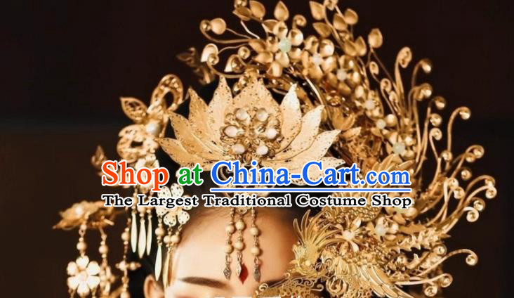 Chinese Ancient Imperial Concubine Golden Lotus Hair Crown and Tassel Hairpins Full Set