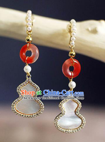China Handmade Shell Gourd Earrings Traditional Qing Dynasty Agate Pearls Ear Jewelry