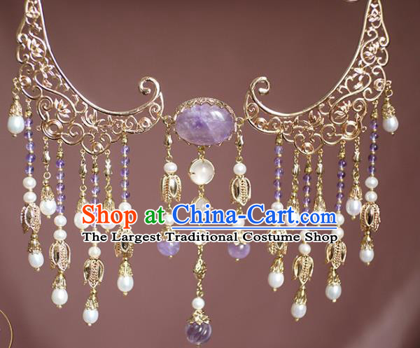 Chinese Traditional Ming Dynasty Pearls Tassel Necklace Accessories Ancient Princess Amethyst Necklet