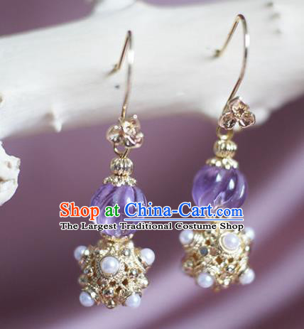 China Handmade Amethyst Earrings Traditional Ming Dynasty Empress Pearls Ear Jewelry