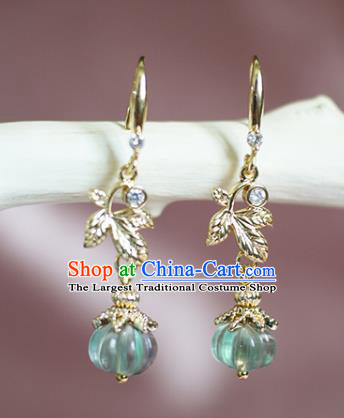 China Handmade Green Pumpkin Earrings Traditional Ming Dynasty Princess Golden Leaf Ear Jewelry