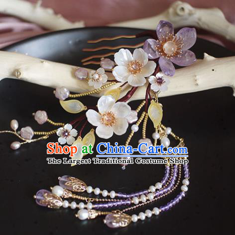 Chinese Ancient Princess Shell Flowers Hairpin Traditional Ming Dynasty Tassel Hair Comb