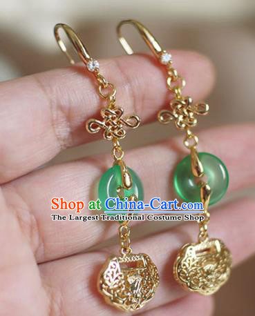China Handmade Jade Peace Buckle Earrings Traditional Ming Dynasty Golden Lock Ear Jewelry