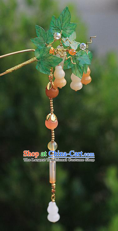 Chinese Ancient Court Lady Hairpin Traditional Ming Dynasty Jade Gourd Tassel Hair Stick