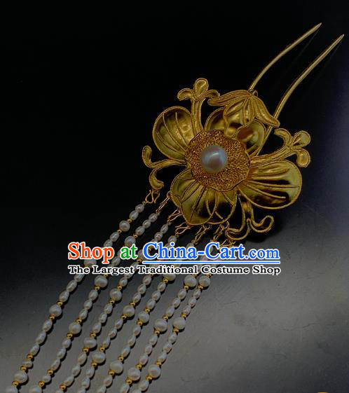 Chinese Traditional Ming Dynasty Pearls Tassel Hairpin Ancient Empress Golden Lotus Leaf Hair Stick