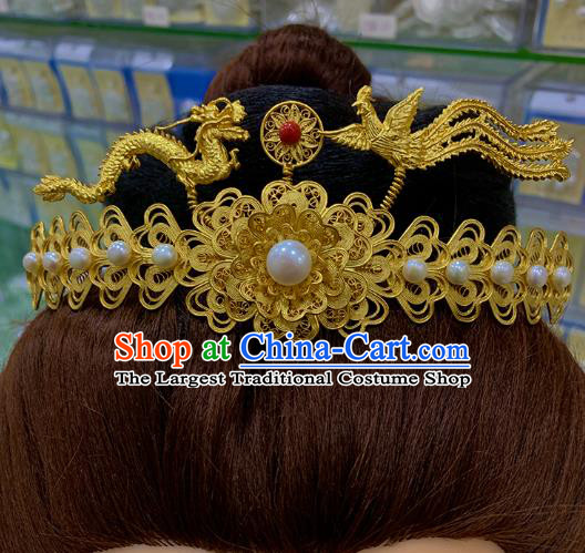 Chinese Ancient Court Empress Pearls Hair Crown Traditional Ming Dynasty Golden Phoenix Dragon Hairpin