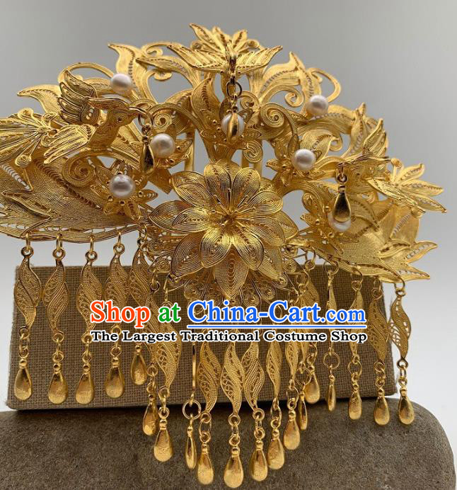 Chinese Ancient Queen Phoenix Coronet Traditional Ming Dynasty Golden Peony Tassel Hair Crown