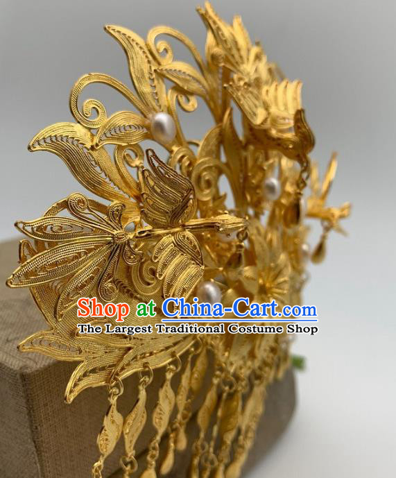 Chinese Ancient Queen Phoenix Coronet Traditional Ming Dynasty Golden Peony Tassel Hair Crown