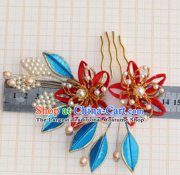 Chinese Ancient Princess Pearls Hairpin Traditional Ming Dynasty Red Silk Lily Flowers Hair Comb