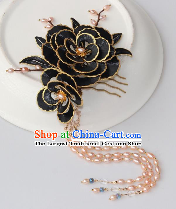 Chinese Ancient Princess Black Peony Hairpin Traditional Ming Dynasty Pearls Tassel Hair Comb