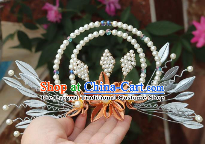 Chinese Traditional Ming Dynasty Orange Silk Flowers Hair Crown Ancient Hanfu Pearls Hair Comb
