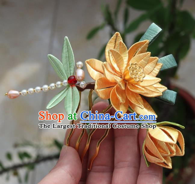 Chinese Hair Accessories Ancient Princess Yellow Silk Lotus Hair Comb Handmade Pearls Dragonfly Hairpin