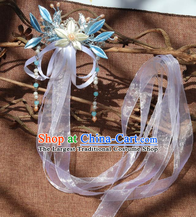 Chinese Handmade Hanfu Tassel Hair Accessories Ancient Princess White Silk Ribbon Hair Claw