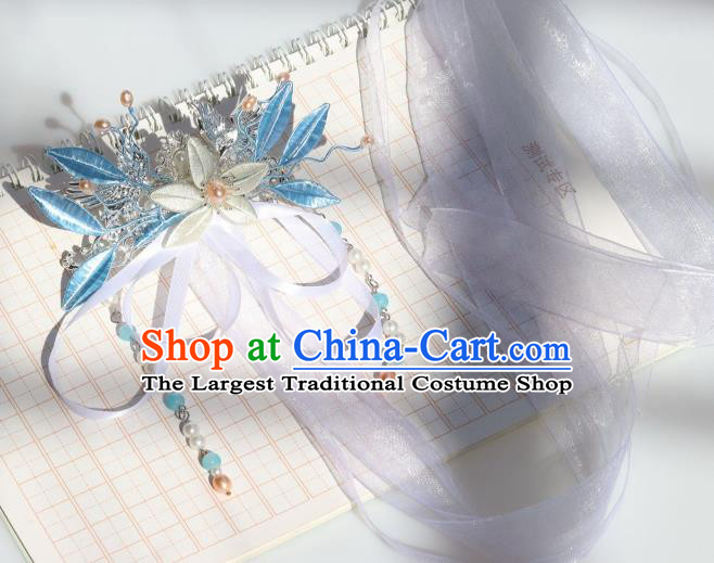 Chinese Handmade Hanfu Tassel Hair Accessories Ancient Princess White Silk Ribbon Hair Claw