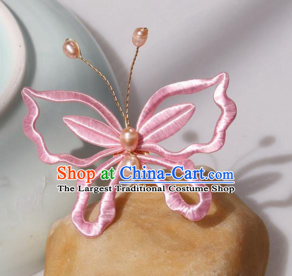 Chinese Ancient Princess Pink Silk Butterfly Hair Stick Handmade Hanfu Pearls Hairpin