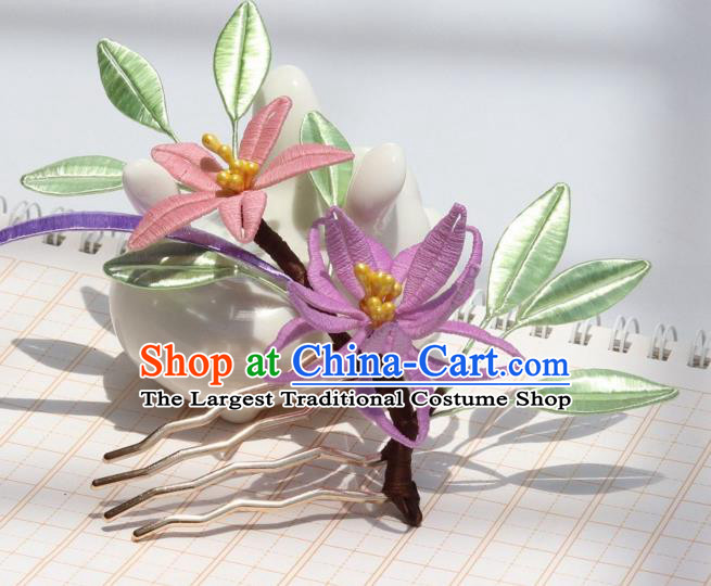 Chinese Handmade Ming Dynasty Hanfu Hairpin Ancient Princess Purple Lily Flower Hair Comb