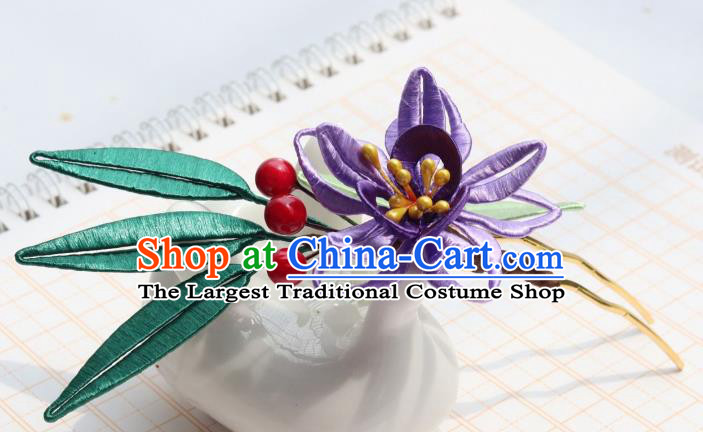 Chinese Ancient Princess Purple Silk Flower Hair Stick Handmade Song Dynasty Court Pearls Hairpin