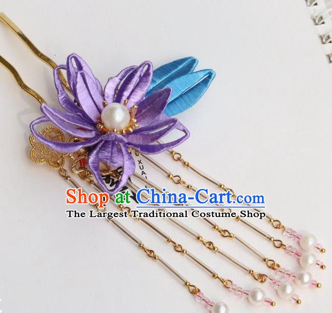 Chinese Ancient Ming Dynasty Princess Purple Epiphyllum Hairpin Handmade Hanfu Pearls Tassel Hair Stick