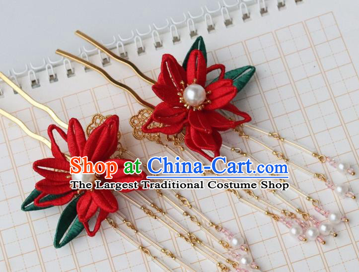 Chinese Handmade Hanfu Red Epiphyllum Hair Stick Ancient Ming Dynasty Princess Pearls Tassel Hairpin