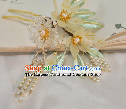 Chinese Handmade Beads Flowers Hair Stick Ancient Ming Dynasty Princess Pearls Tassel Hairpin