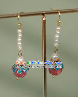 China Handmade Tourmaline Pearls Earrings Traditional Qing Dynasty Court Enamel Ear Jewelry