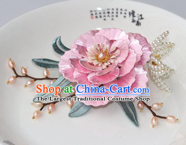 Chinese Traditional Ming Dynasty Court Lady Pink Peony Hair Comb Ancient Princess Pearls Hairpin