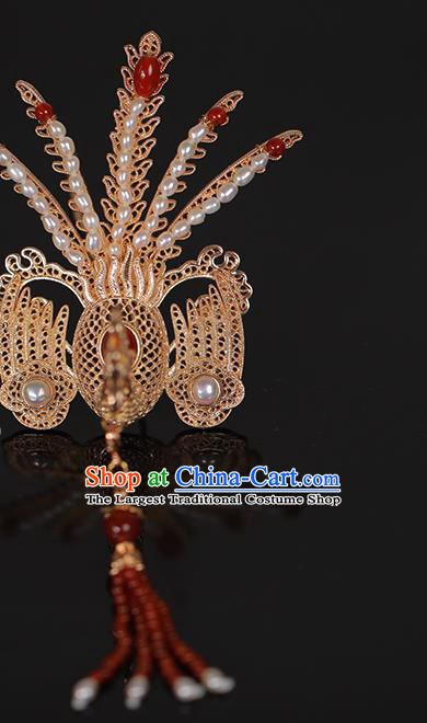 Chinese Traditional Song Dynasty Court Red Tassel Hair Crown Ancient Empress Golden Phoenix Pearls Hairpin