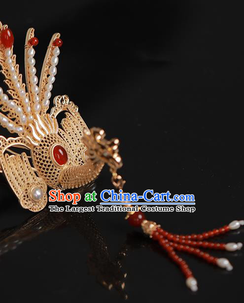Chinese Traditional Song Dynasty Court Red Tassel Hair Crown Ancient Empress Golden Phoenix Pearls Hairpin
