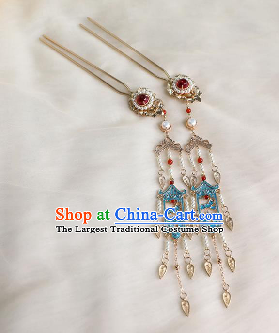 Chinese Ancient Princess Pearls Tassel Hairpin Traditional Ming Dynasty Cloisonne Hair Stick