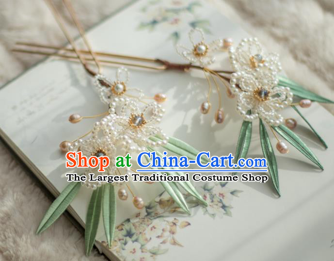 Chinese Handmade Beads Plum Blossom Hair Stick Ancient Ming Dynasty Princess Pearls Hairpin
